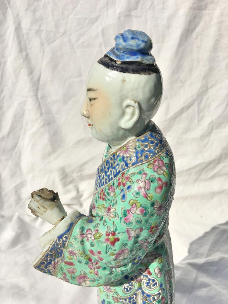 Chinese Famille Verte Porcelain Statue of a Merchant