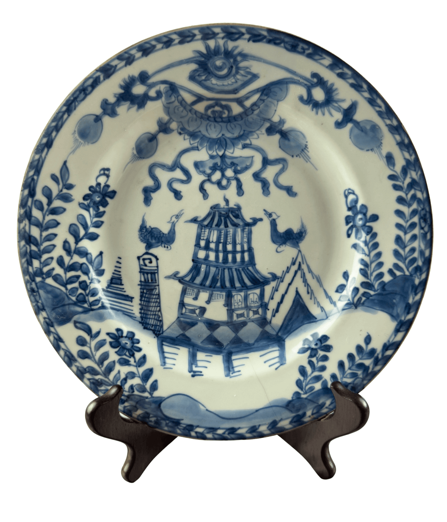 Antique Chinese Qianlong blue and white plate featuring a building and birds, hand-painted with exquisite details.
