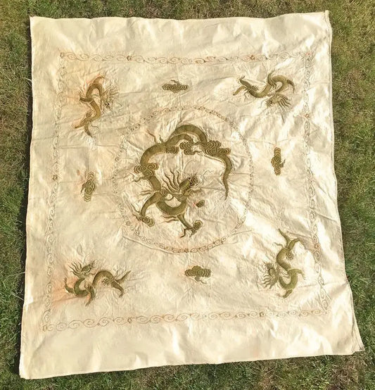 Majestic Late 19th Century Chinese Silk Embroidered Wall Hanging – Dragons in Harmony