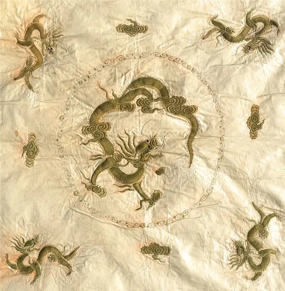 Majestic Late 19th Century Chinese Silk Embroidered Wall Hanging – Dragons in Harmony