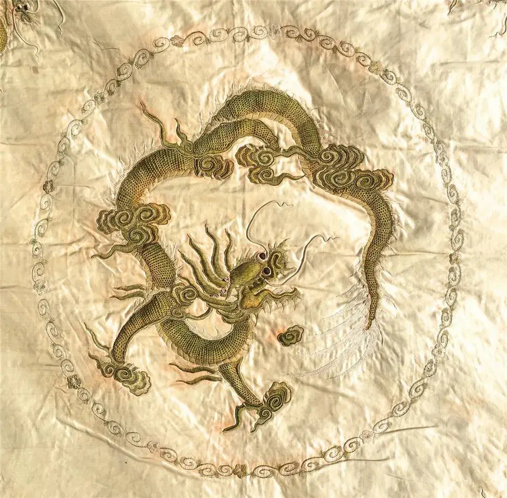 Majestic Late 19th Century Chinese Silk Embroidered Wall Hanging – Dragons in Harmony