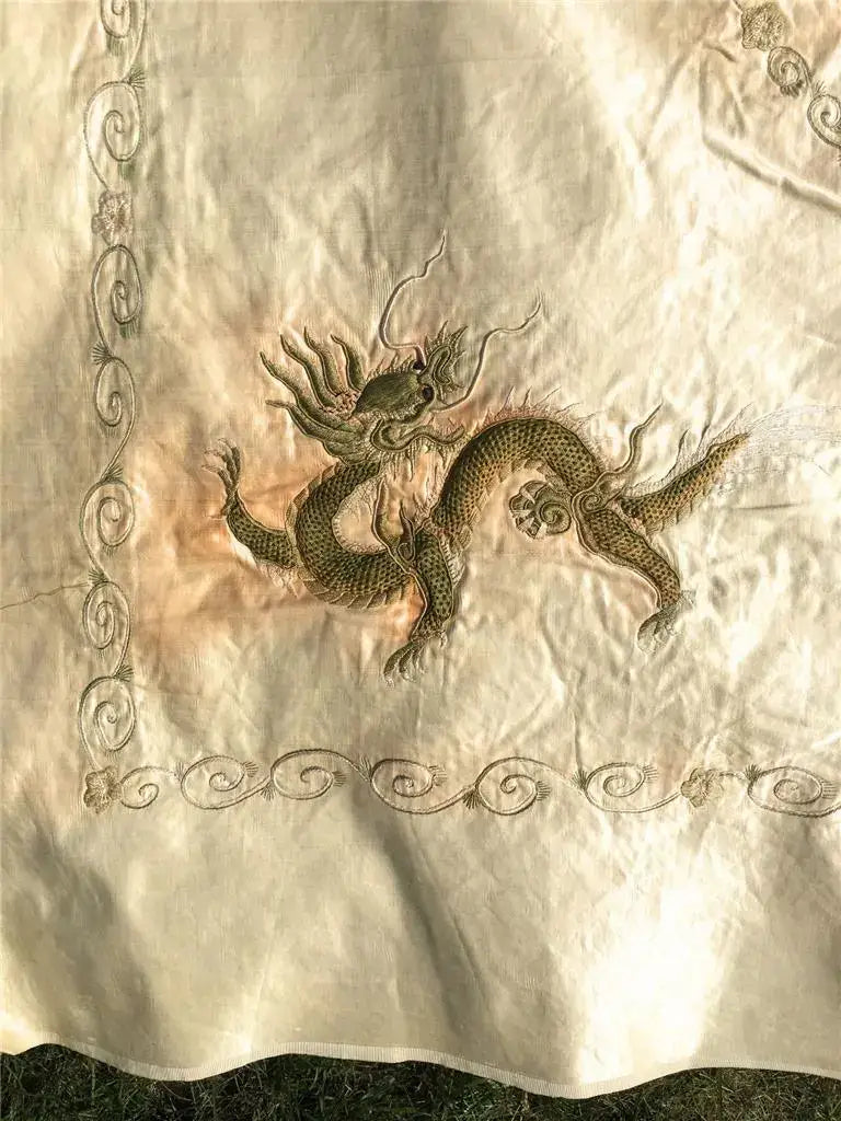 Majestic Late 19th Century Chinese Silk Embroidered Wall Hanging – Dragons in Harmony