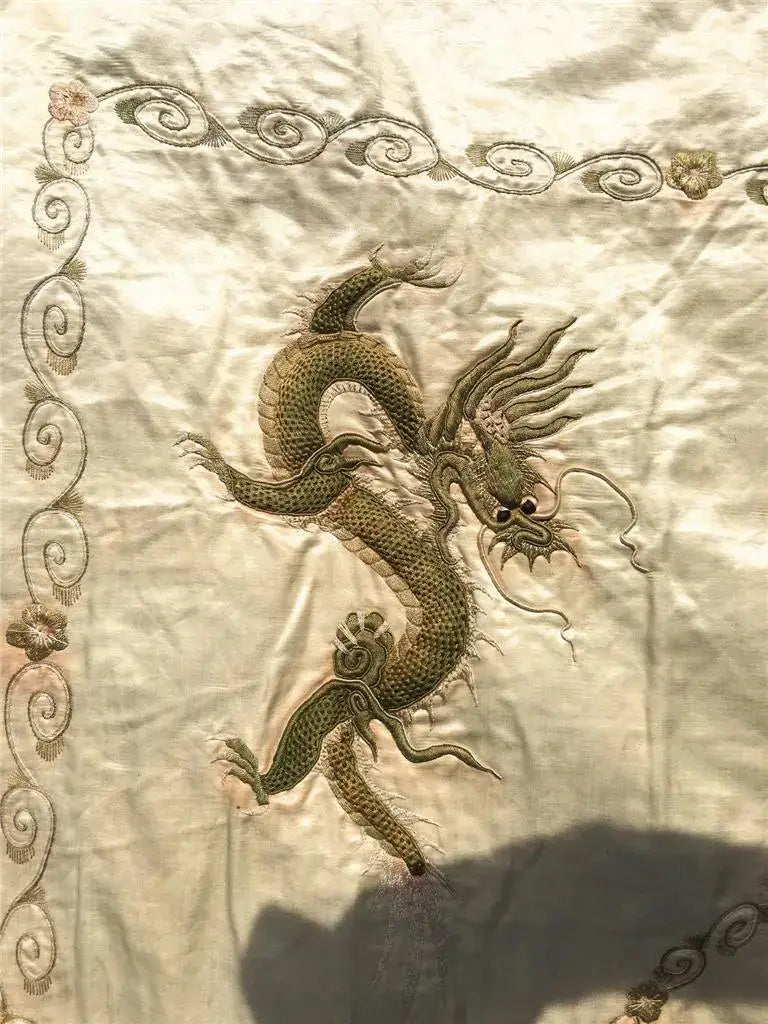 Majestic Late 19th Century Chinese Silk Embroidered Wall Hanging – Dragons in Harmony