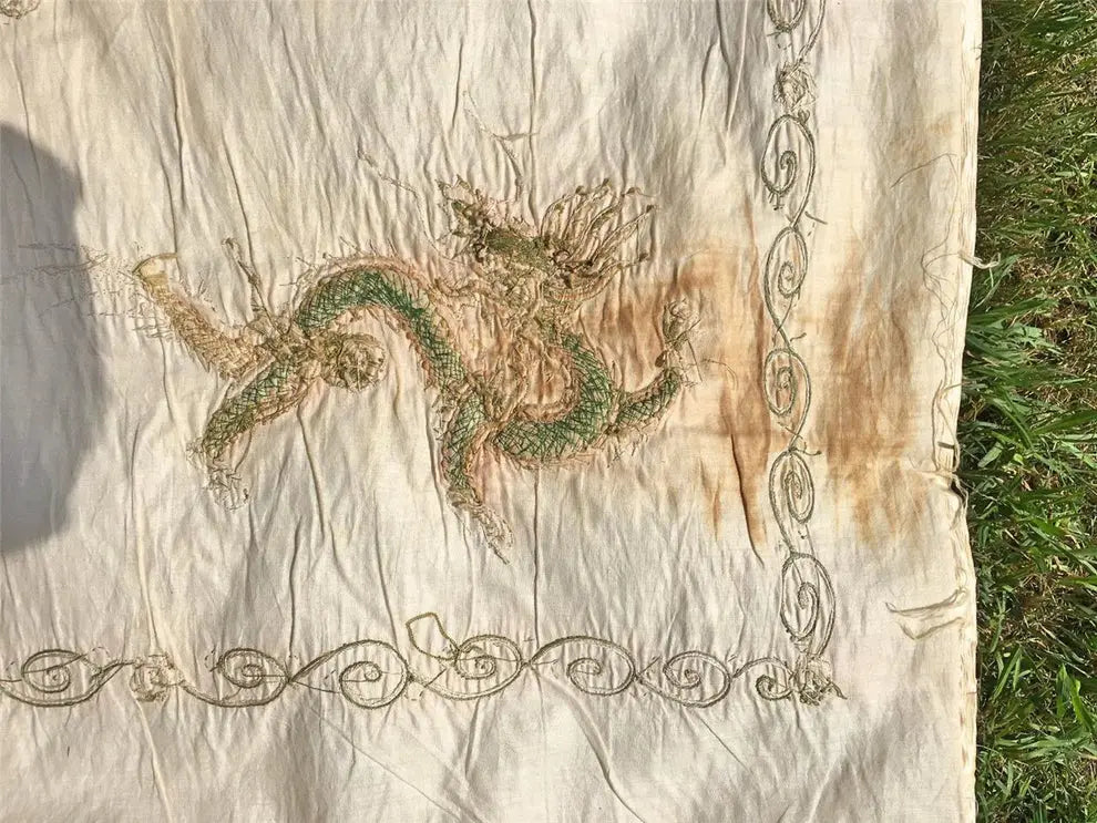 Majestic Late 19th Century Chinese Silk Embroidered Wall Hanging – Dragons in Harmony - Highlighting Light Staining