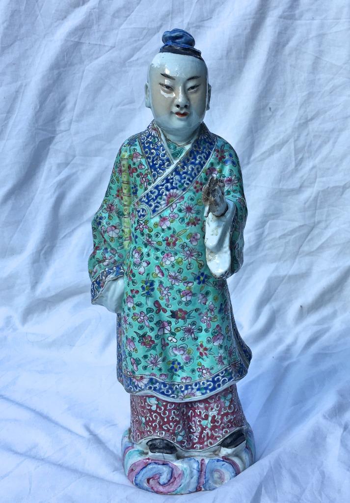 Chinese Famille Verte Porcelain Statue of a Merchant