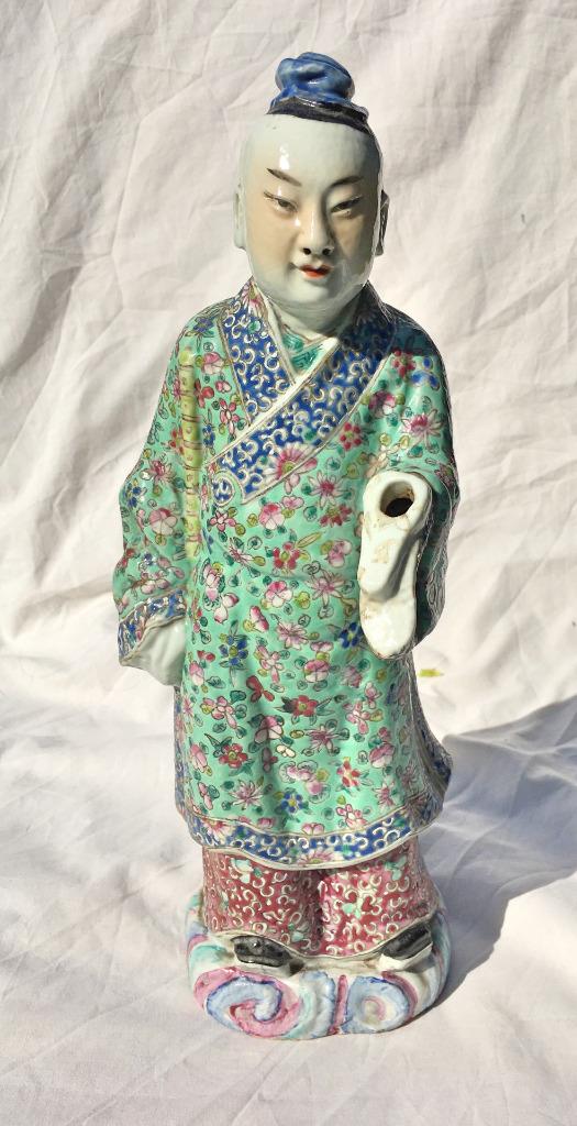 Chinese Famille Verte Porcelain Statue of a Merchant