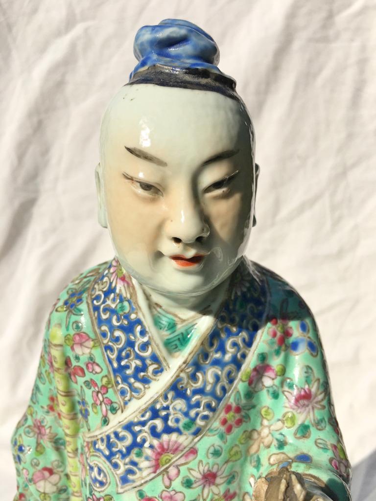 Chinese Famille Verte Porcelain Statue of a Merchant