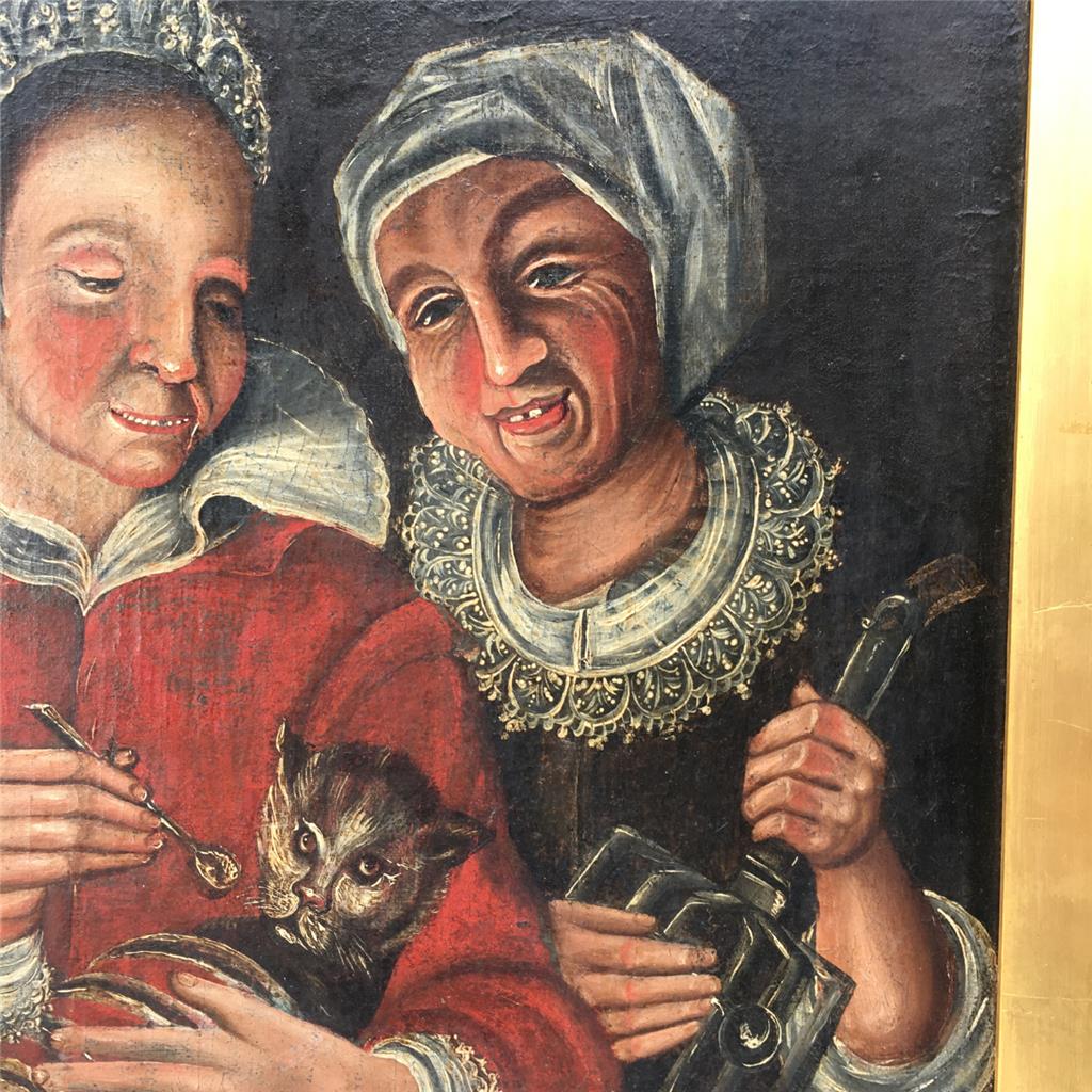 17th Century Flemish School "Feeding the Cat" Painting