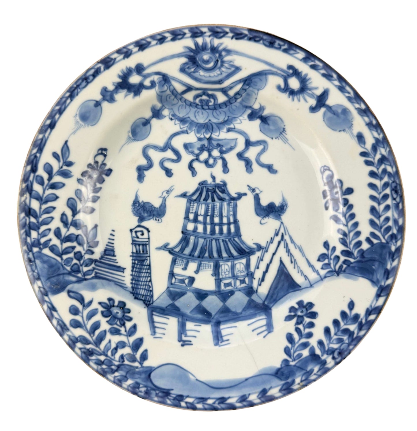 Antique Chinese Qianlong blue and white plate featuring a building and birds, circa 1750, from the K J Allison Collection.