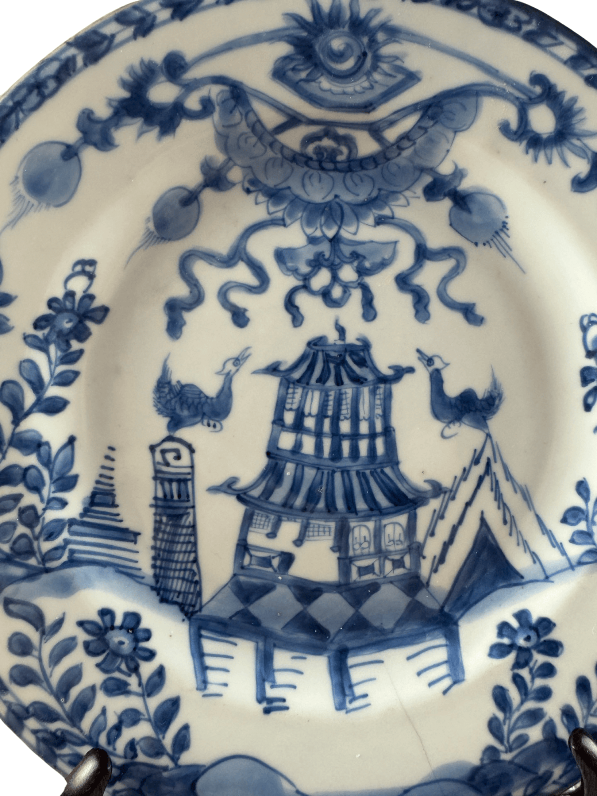 Antique Chinese blue and white plate featuring a building and birds, Qianlong Period design from the K J Allison Collection.