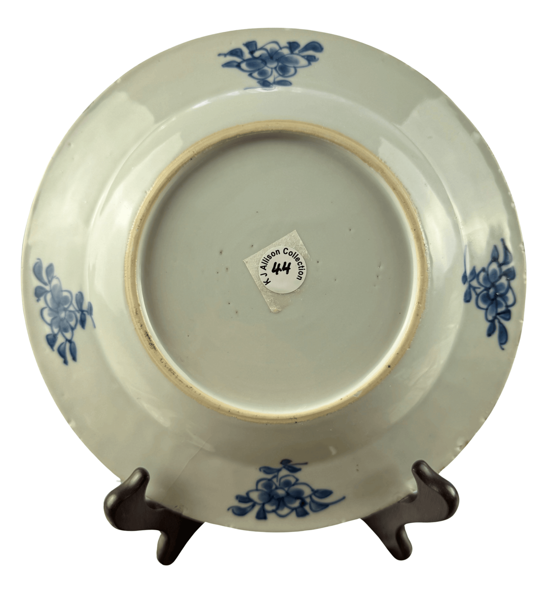 Antique Chinese Qianlong blue and white plate base with floral design, from the K J Allison collection.