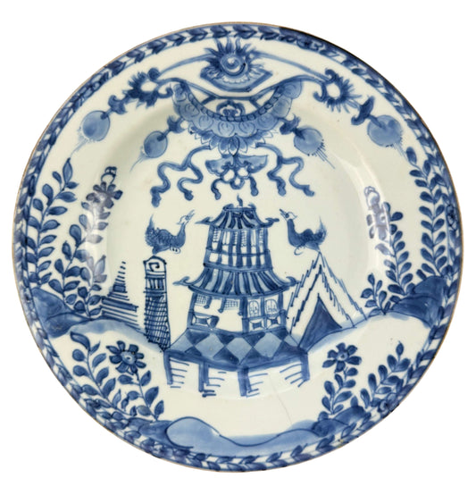 Antique Chinese Qianlong period blue and white plate featuring a building and birds, from the ex K J Allison collection.