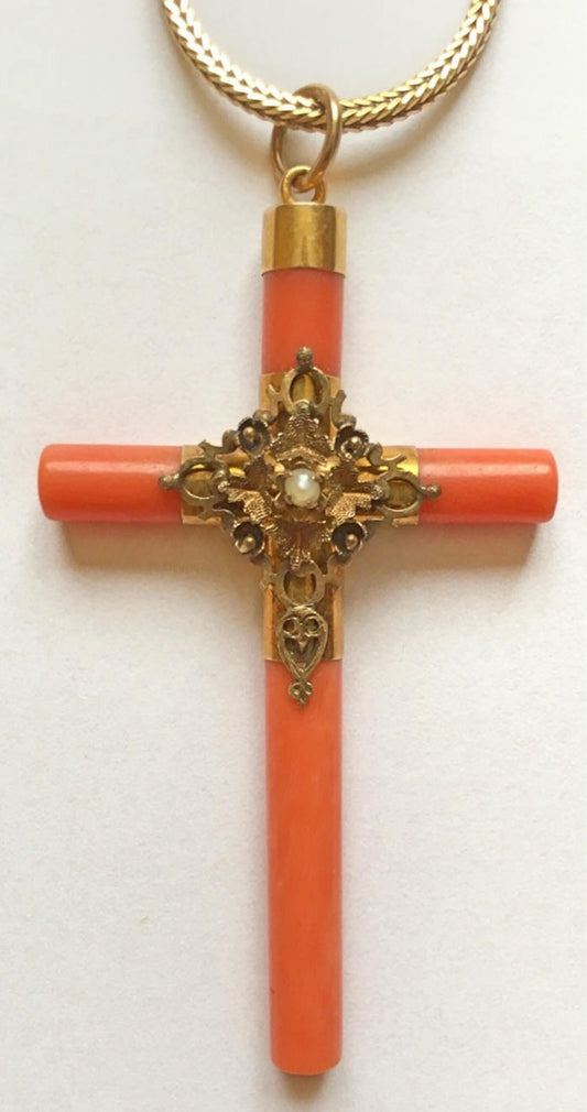 Antique Gold and Red Coral Cross